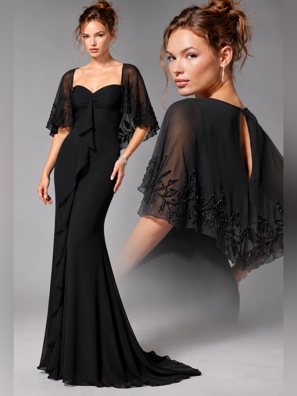 NWT MGNY Morilee Beaded Cape Black Chiffon Evening Gown Size 8